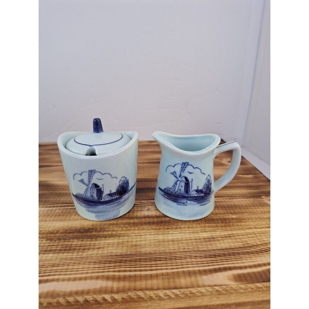 Vintage Norcrest Aqua "Blue Windmill" Sugar & Creamer Set Mcm Sticker